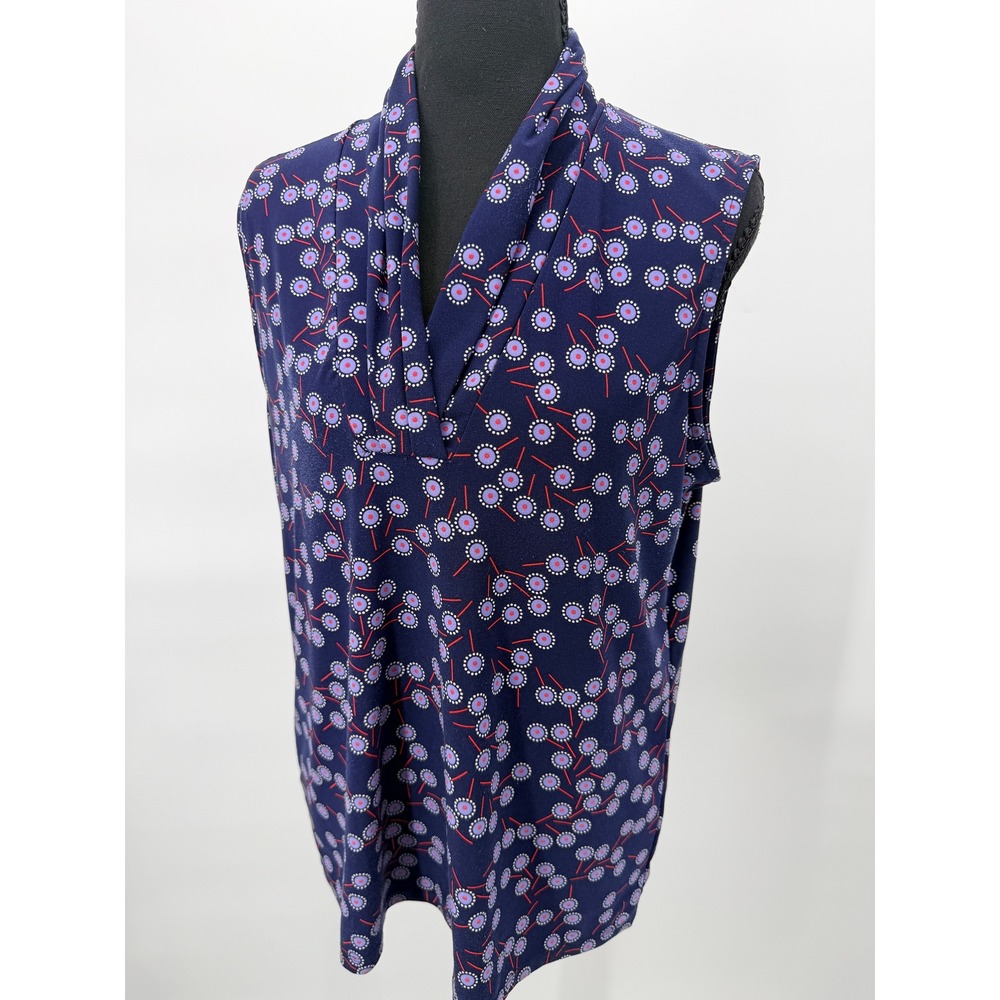 Anne Klein Blouse Women Size M Navy Blue Cowl Neck Geometric Floral Sleeveless